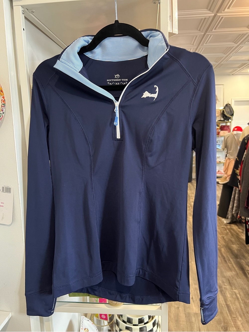 Southern Tide Women's Navy Half-Zip Pullover with Light Blue Trim